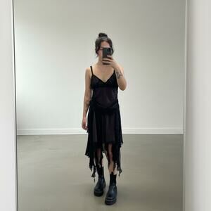 Fairy Core Black Mesh Sheer Ruched Asymmetric Hem Dress V-Neck Sleeveless L